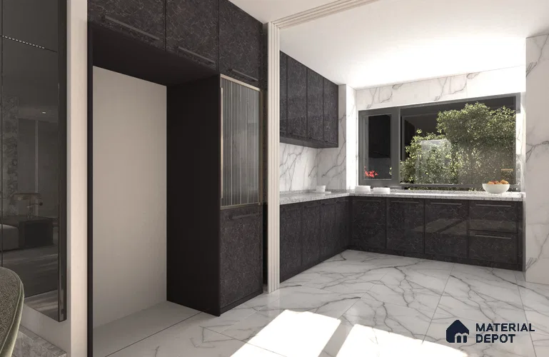 Black Marble Look PU 527 8 ft x 4 ft PU Finish Decorative Laminate - 1 mm | Suitable for TV Unit, Wardrobe, Kitchen Cabinets
