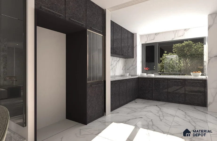 Black Marble Look PU 527 8 ft x 4 ft PU Finish Decorative Laminate - 1 mm | Suitable for TV Unit, Wardrobe, Kitchen Cabinets