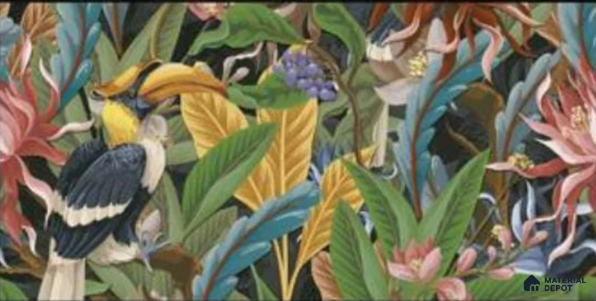 Tropical Wall Tile TL 06782 Jungle Shadow A 2 ft x 1 ft Multi Colour Ceramic Glossy Finish Pattern 1 Tile - 9 mm | Ideal for Living Room, Bathroom, Kitchen | Please Expect a Slight Variation of Pattern