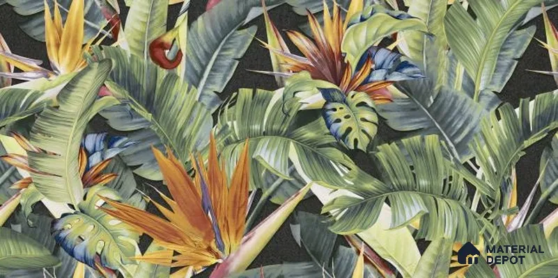 Tropical Wall Tile TL 06787 Noir Leaf A 2 ft x 1 ft Green Ceramic Matte Finish Pattern 1 Tile - 9 mm | Ideal for Living Room, Bathroom, Kitchen | Please Expect a Slight Variation of Pattern