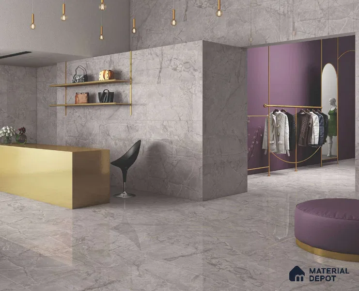 Grey Marble Floor & Wall Tile TL 06708 B Gravier Serene Grey 2 ft x 4 ft Vitrified Glossy Finish - 9 mm | 8 Random Design | Suitable for Living Room, Bedroom, Bathroom
