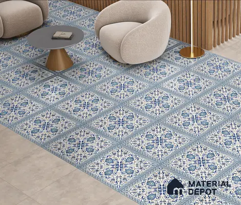 Blue Moroccan Floor & Wall Tile TL 06811 B Lustra Enchanted Mint Bloom 2 ft x 2 ft Vitrified Carving Matte Finish - 9 mm | Suitable for Living Room, Bedroom, Bathroom | Please Expect a Slight Variation of Pattern