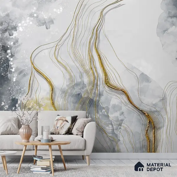 3D Look Grey & Gold Marble Canvas Paper Customised Wallpaper
