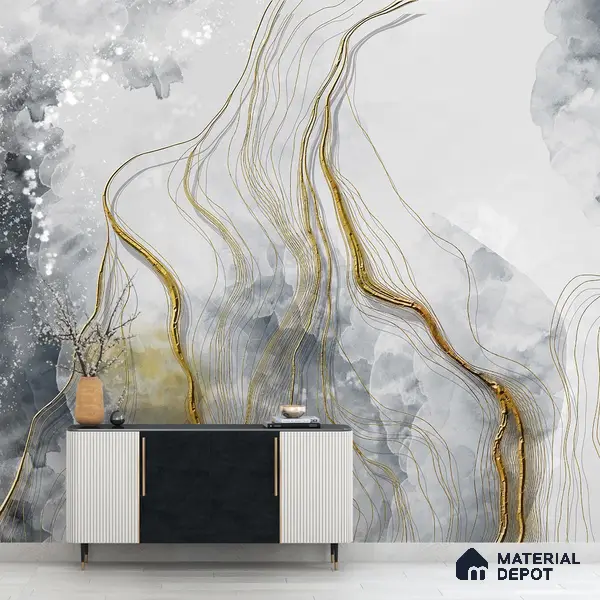 3D Look Grey & Gold Marble Canvas Paper Customised Wallpaper