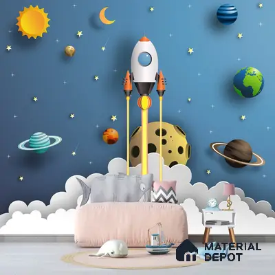 3D Space Theme Wallpaper with Solar System for Kids, Blue Sparkla N Shine Series Soft Feel Space Design (Customised Size Wallpaper)