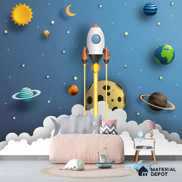 3D Space Theme Wallpaper with Solar System for Kids, Blue Sparkla N Shine Series Soft Feel Space Design (Customised Size Wallpaper)