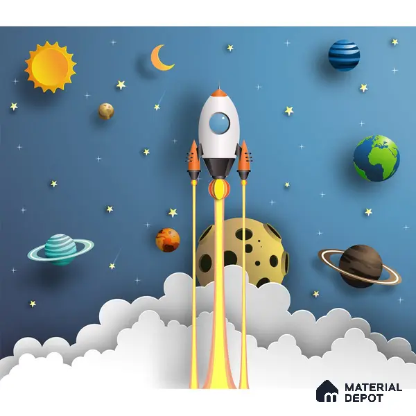 3D Space Theme Wallpaper with Solar System for Kids, Blue Sparkla N Shine Series Soft Feel Space Design (Customised Size Wallpaper)