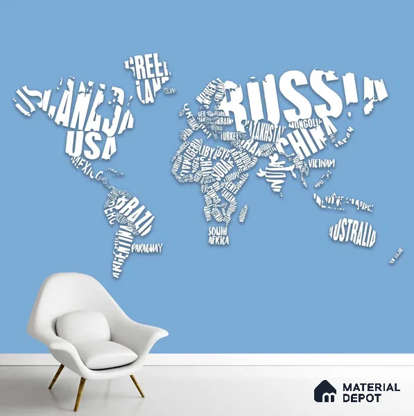 3D World Map with Country Names for Walls, Blue, Customised Indrani Series Canvas 3D Design (Customised Size Wallpaper )