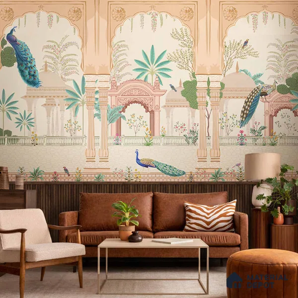 Aangan Indian Theme Soft Feel Wallpaper with Peacocks (Customised Wallpaper)