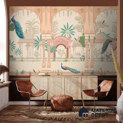 Aangan Indian Theme Soft Feel Wallpaper with Peacocks (Customised Wallpaper)