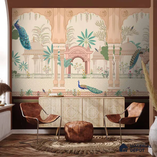 Aangan Indian Theme Soft Feel Wallpaper with Peacocks (Customised Wallpaper)