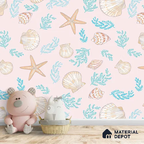 Aquatic Theme Wallpaper with Sea Shells and Starfish 10.77 Meter x 19.68 Inches Soft Feel Paper Type Wallpaper -57.96 Sq. Ft. | Minimum 15% wastage during installation