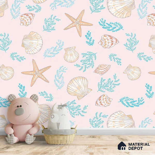 Aquatic Theme Wallpaper with Sea Shells and Starfish 10.77 Meter x 19.68 Inches Soft Feel Paper Type Wallpaper -57.96 Sq. Ft. | Minimum 15% wastage during installation
