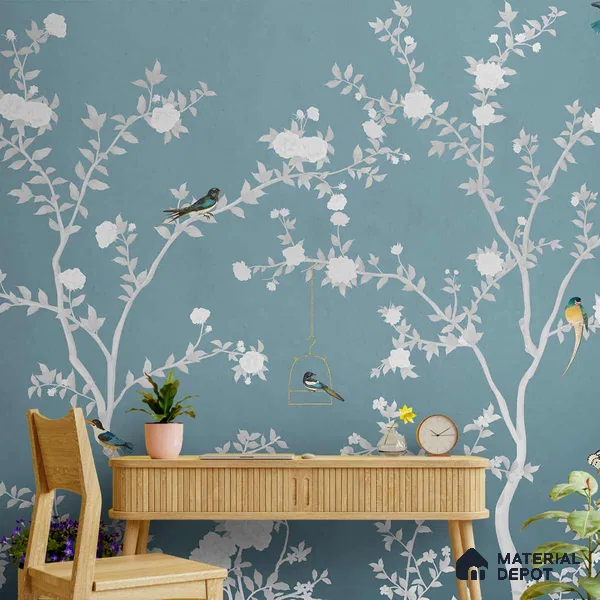 Aura in the Garden Blue Chinoiserie Wallpaper Sukoon Series Canvas Chinoserie Design (Customised Size Wallpaper)