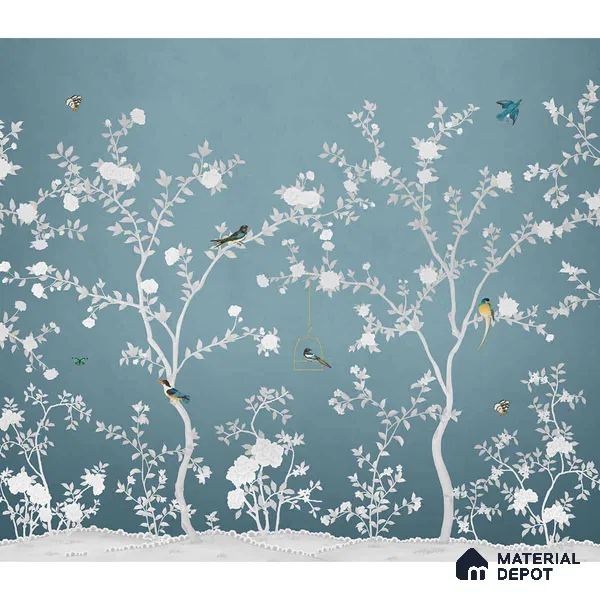 Aura in the Garden Blue Chinoiserie Wallpaper Sukoon Series Canvas Chinoserie Design (Customised Size Wallpaper)