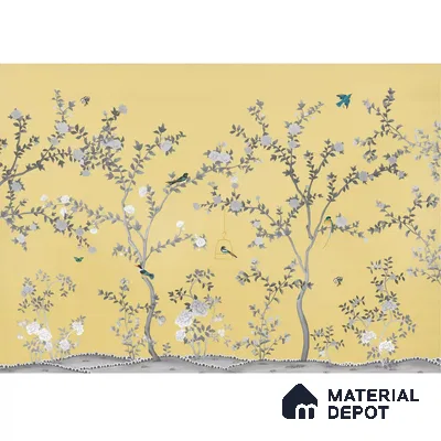 Aura in the Garden, Yellow Chinoiserie Canvas Wallpaper