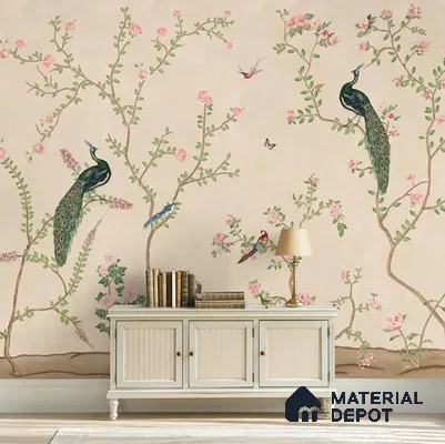 Bagiya, Peacock Chinoiserie in Indian Style, Clay Beige, Customised Sandstone Wallpaper