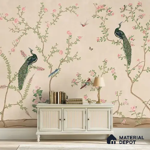 Bagiya, Peacock Chinoiserie in Indian Style, Clay Beige, Customised Canvas Wallpaper
