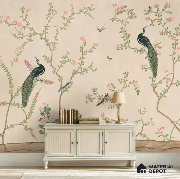 Bagiya, Peacock Chinoiserie in Indian Style, Clay Beige, Customised Sandstone Wallpaper