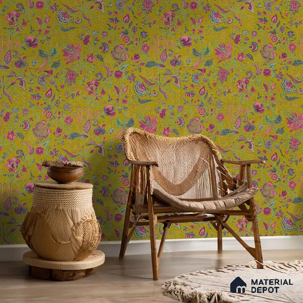 Bahaar A Symphony of Indian Flowers Greenish Yellow 10 Meter x 19.68 Inches Soft Feel Paper Type Wallpaper -54 Sq. Ft. | Minimum 15% wastage during installation