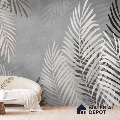 Beige and Grey Background Tropical Leaves Wallpaper, Customised Indrani Series Canvas Tropical Design (Customised Size Wallpaper )