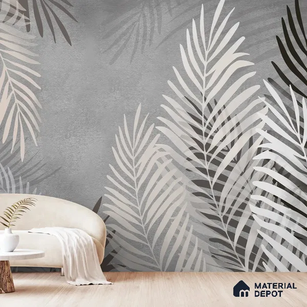 Beige and Grey Background Tropical Leaves Wallpaper, Customised Indrani Series Canvas Tropical Design (Customised Size Wallpaper )