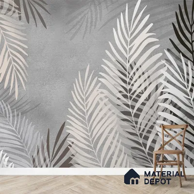 Beige and Grey Background Tropical Leaves Wallpaper, Customised Indrani Series Canvas Tropical Design (Customised Size Wallpaper )
