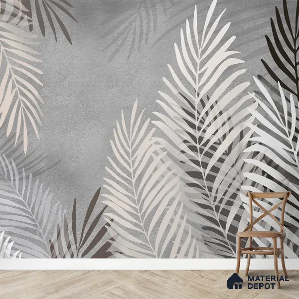 Beige and Grey Background Tropical Leaves Wallpaper, Customised Indrani Series Canvas Tropical Design (Customised Size Wallpaper )