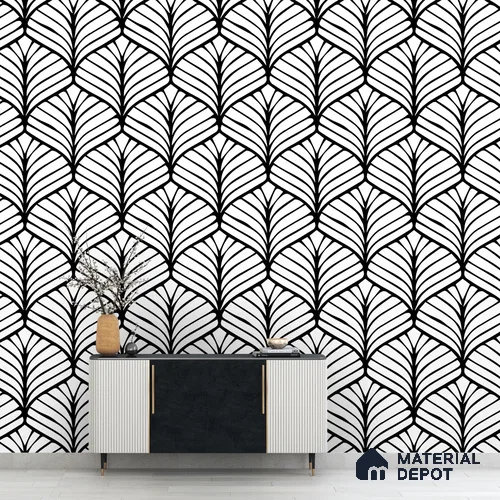Black and White Japanese Leaves Motif Wallpaper 10.77 Meter x 19.68 Inches Soft Feel Paper Type Wallpaper -57.96 Sq. Ft. | Minimum 15% wastage during installation