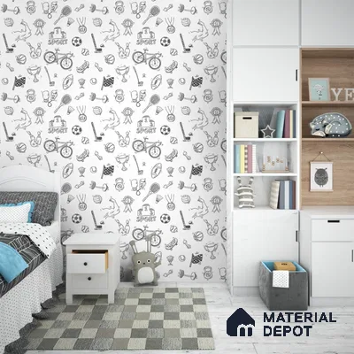 Black and White Sports Wallpaper for Kids Rooms Sparkla N Shine Series Soft Feel Patterned Design (Customised Size Wallpaper)