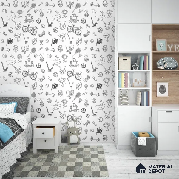 Black and White Sports Wallpaper for Kids Rooms Sparkla N Shine Series Soft Feel Patterned Design (Customised Size Wallpaper)