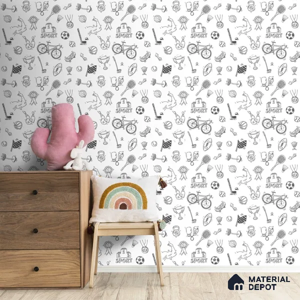 Black and White Sports Wallpaper for Kids Rooms Sparkla N Shine Series Soft Feel Patterned Design (Customised Size Wallpaper)