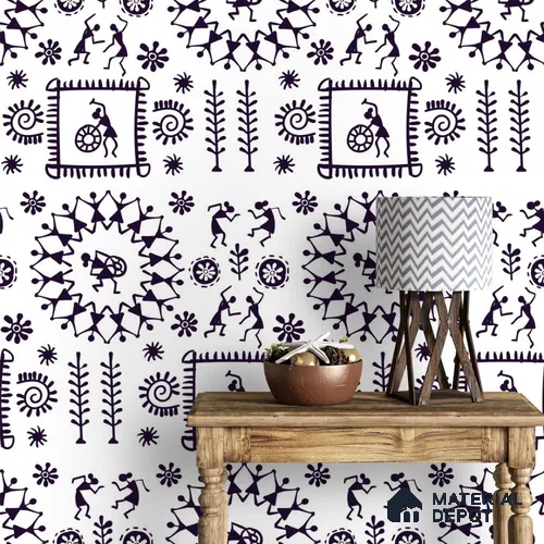 Black & White Indian Art Wallpaper for Rooms 10.77 Meter x 19.68 Inches Soft Feel Paper Type Wallpaper -57.96 Sq. Ft. | Minimum 15% wastage during installation
