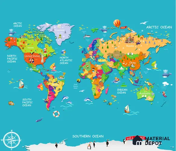 Blue Colourful World Map for Kids Room Walls Sparkla N Shine Series Canvas Map Design (Customised Size Wallpaper)