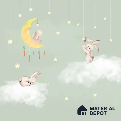 Bunnies in Sky Kids Room Wallpaper Pastel Green Canvas (Customized Size Wallpaper)