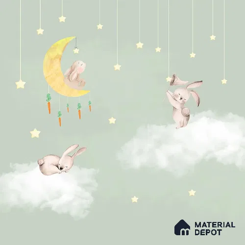 Bunnies in Sky Kids Room Wallpaper Pastel Green Handmade (Customized Size Wallpaper)