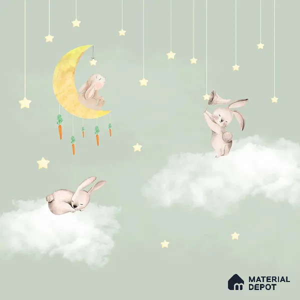 Bunnies in Sky Kids Room Wallpaper Pastel Green Handmade (Customized Size Wallpaper)