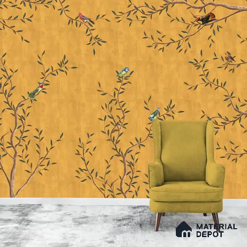 Chinoiserie Design, Mustard Yellow Wallpaper for Walls, Customised Indrani Series Soft Feel Florals Design (Customised Size Wallpaper )