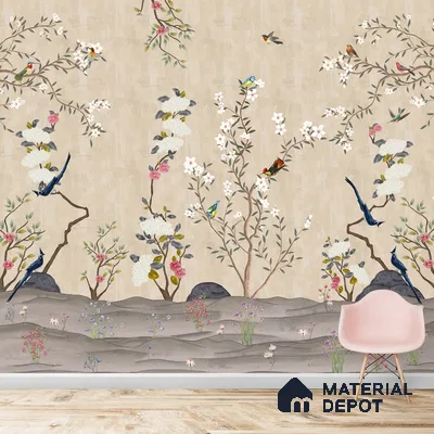 Chinoiserie Floral Theme Wallpaper for Walls, Customised Indrani Series Canvas Florals Design (Customised Size Wallpaper )