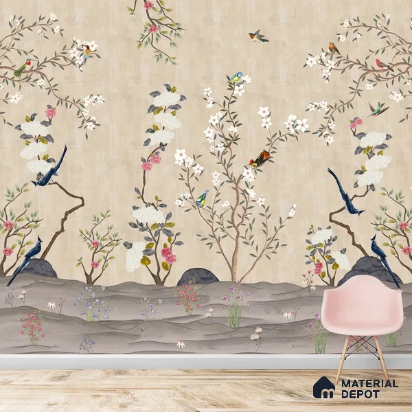 Chinoiserie Floral Theme Wallpaper for Walls, Customised Indrani Series Canvas Florals Design (Customised Size Wallpaper )
