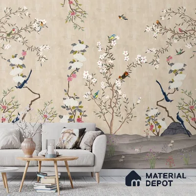 Chinoiserie Floral Theme Wallpaper for Walls, Customised Indrani Series Canvas Florals Design (Customised Size Wallpaper )