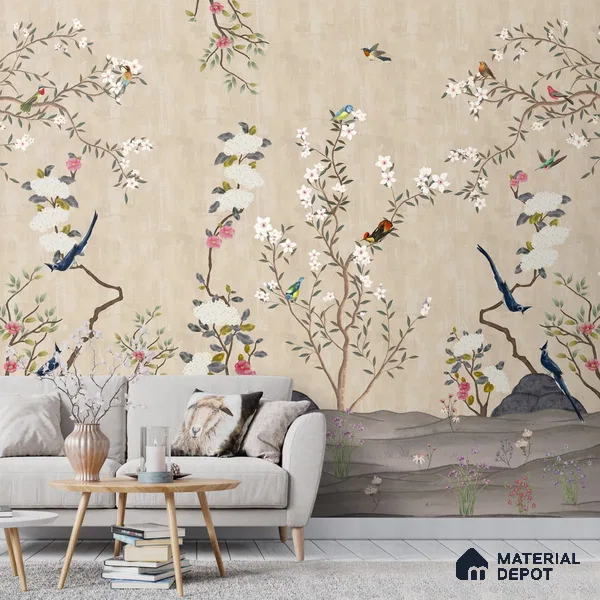 Chinoiserie Floral Theme Wallpaper for Walls, Customised Indrani Series Canvas Florals Design (Customised Size Wallpaper )