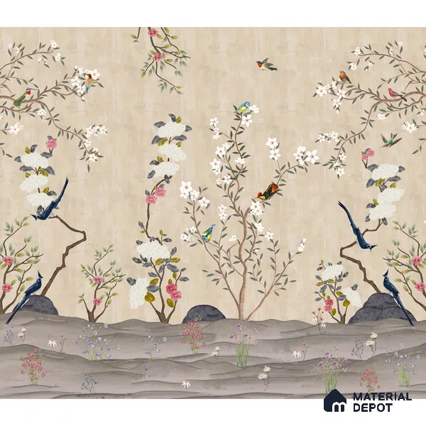 Chinoiserie Floral Theme Wallpaper for Walls, Customised Indrani Series Canvas Florals Design (Customised Size Wallpaper )