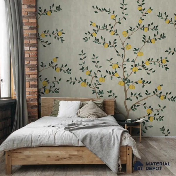 Chinoiserie Lemons, Customised Wallpaper for Walls Indrani Series Canvas Florals Design (Customised Size Wallpaper )