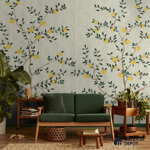 Chinoiserie Lemons, Customised Wallpaper for Walls Indrani Series Canvas Florals Design (Customised Size Wallpaper )