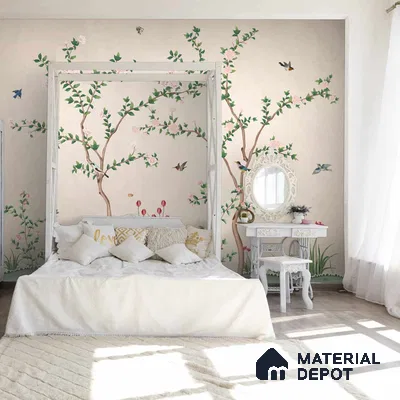 Chinoiserie Pattern Wallpaper, Birds and Branches, Customised Indrani Series Canvas Florals Design (Customised Size Wallpaper )