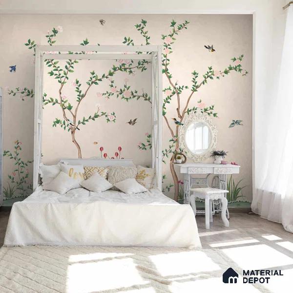 Chinoiserie Pattern Wallpaper, Birds and Branches, Customised Indrani Series Canvas Florals Design (Customised Size Wallpaper )