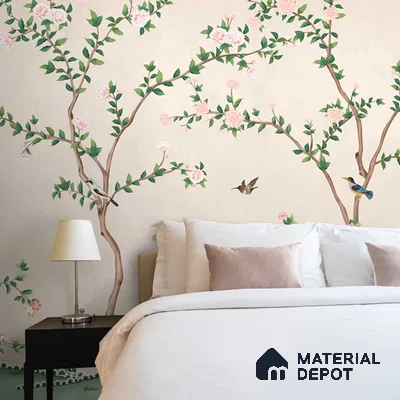 Chinoiserie Pattern Wallpaper, Birds and Branches, Customised Indrani Series Canvas Florals Design (Customised Size Wallpaper )