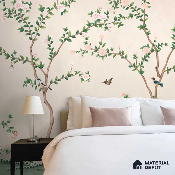 Chinoiserie Pattern Wallpaper, Birds and Branches, Customised Indrani Series Canvas Florals Design (Customised Size Wallpaper )