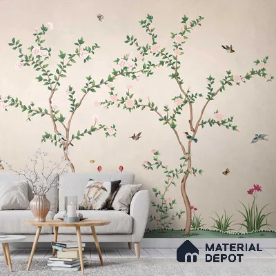 Chinoiserie Pattern Wallpaper, Birds and Branches, Customised Indrani Series Canvas Florals Design (Customised Size Wallpaper )